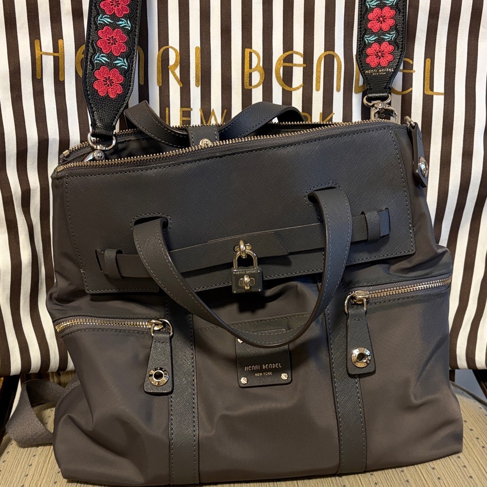 Henri Bendel Charcoal Backpack with Floral Accents